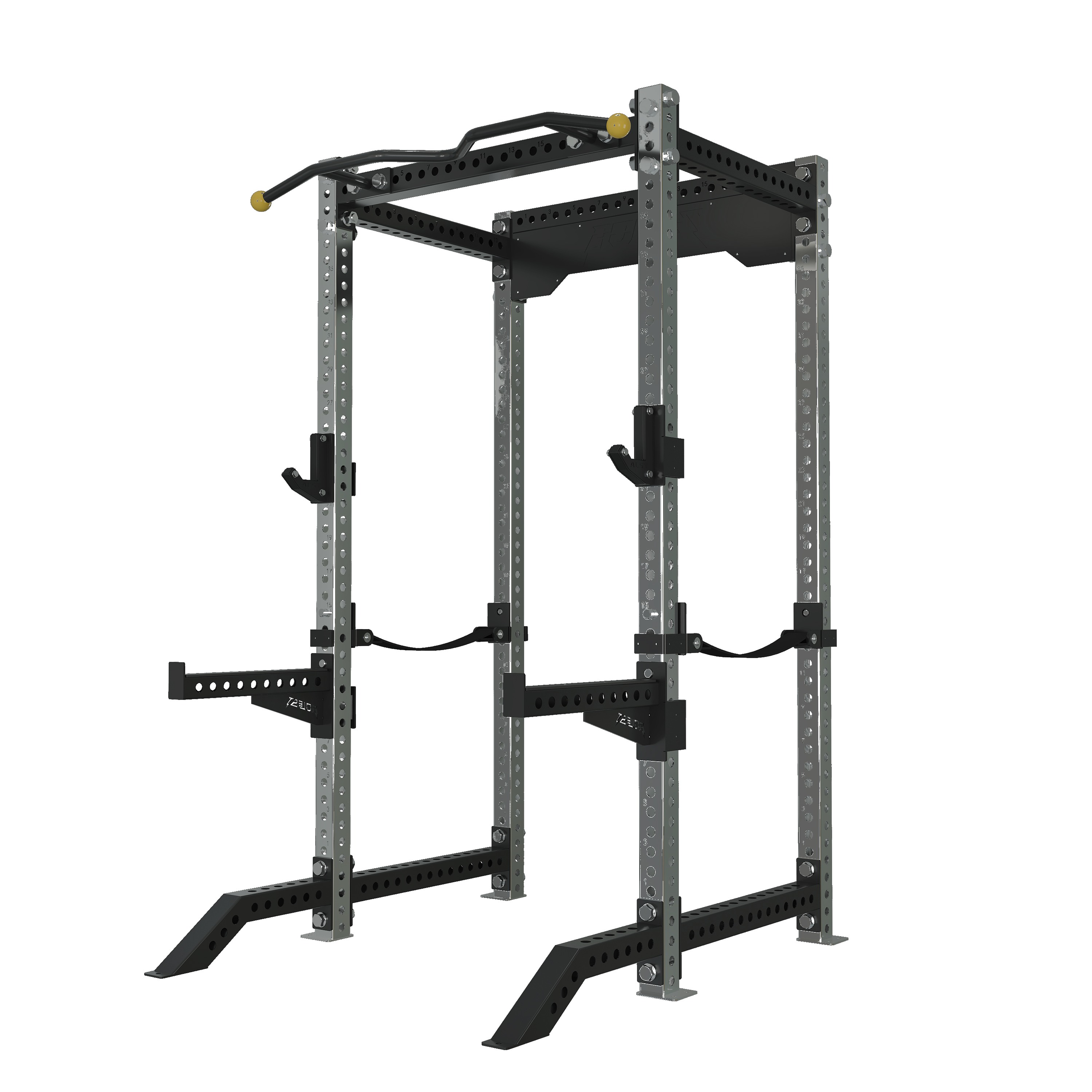 Rig-grade four-post power rack with multi-grip pull-up bar, J-hooks, spotter arms, and side spotter wing