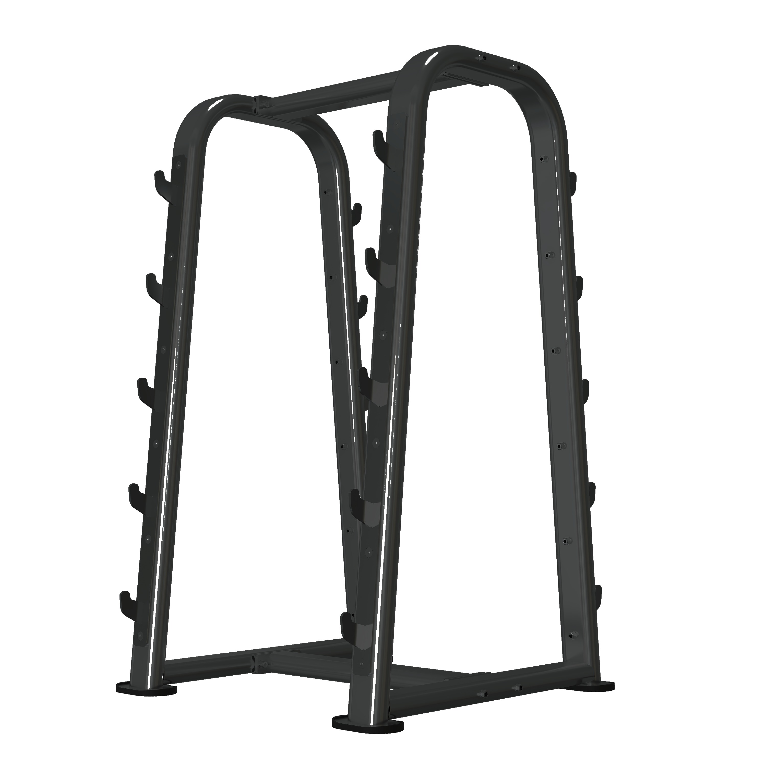 Premium vertical barbell rack with twin curved tubular A-frame uprights, five tiers of J-hook cradles per side, and sculpted chrome footplates