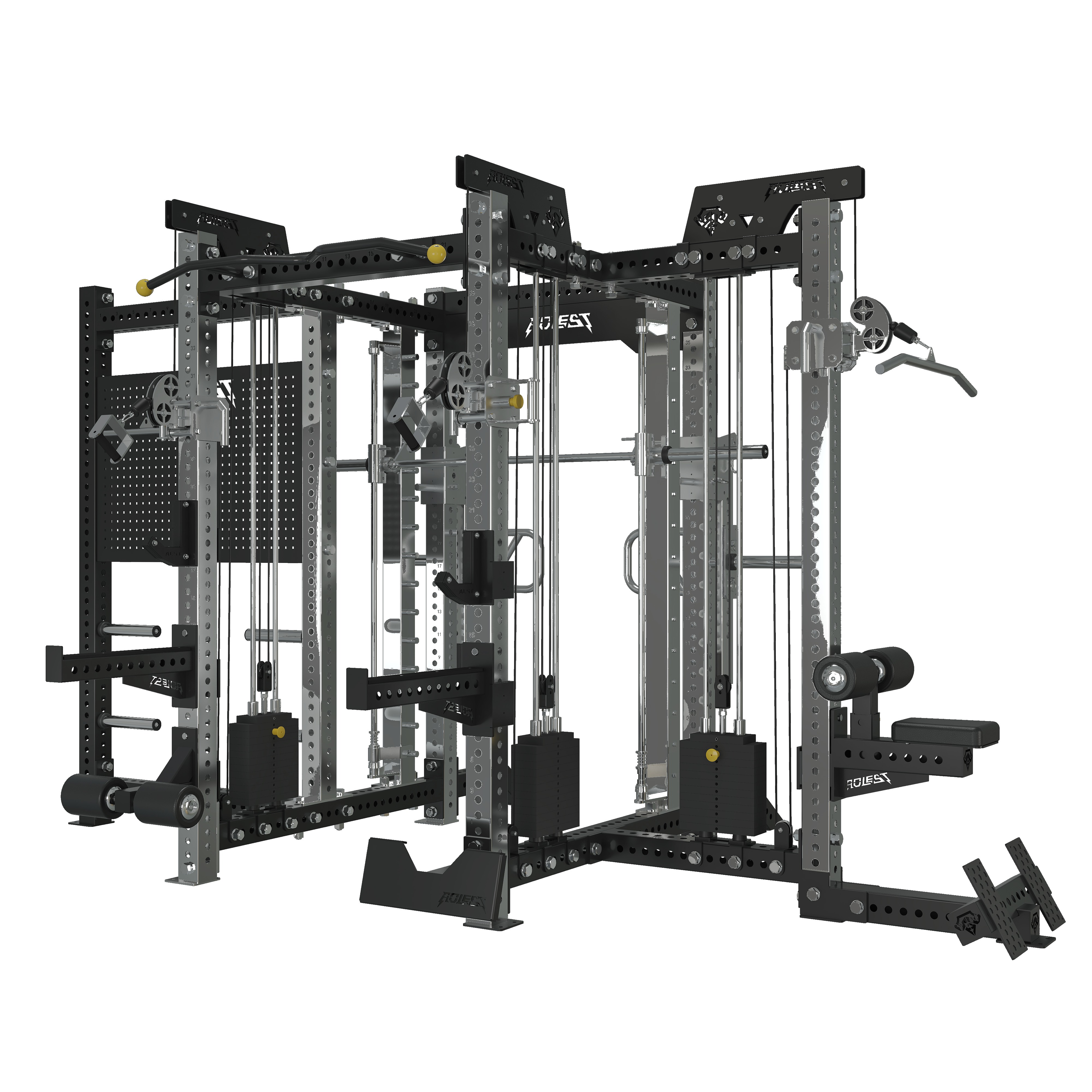 Premium multifunctional training rig with four cable columns, Smith machine, pegboard panels, side spotter arms with step platforms, pull-up bar, and plate storage