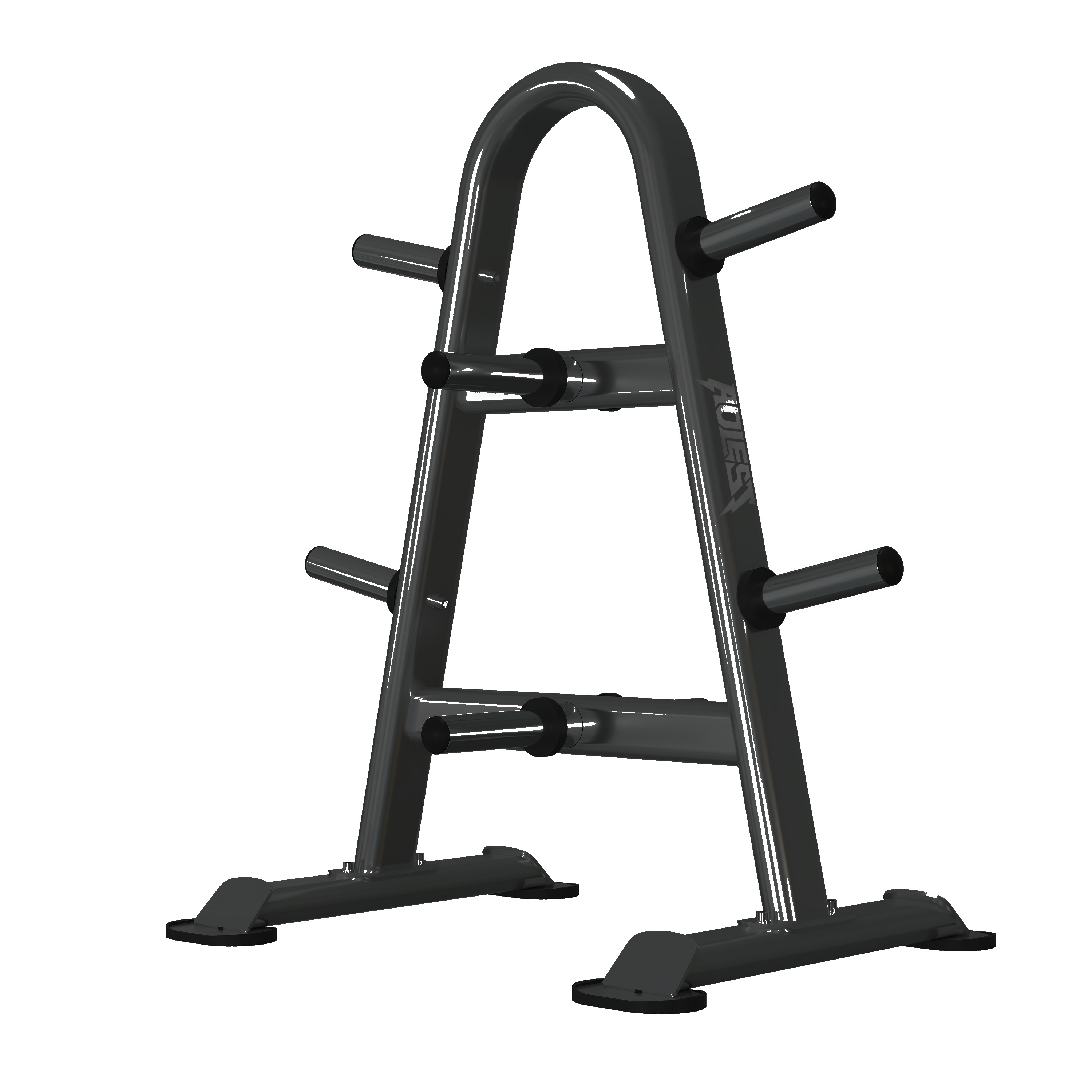 Premium Olympic plate tree with curved tubular A-frame chrome frame, multi-tier chrome plate horns, and wide sculpted bolt-down base