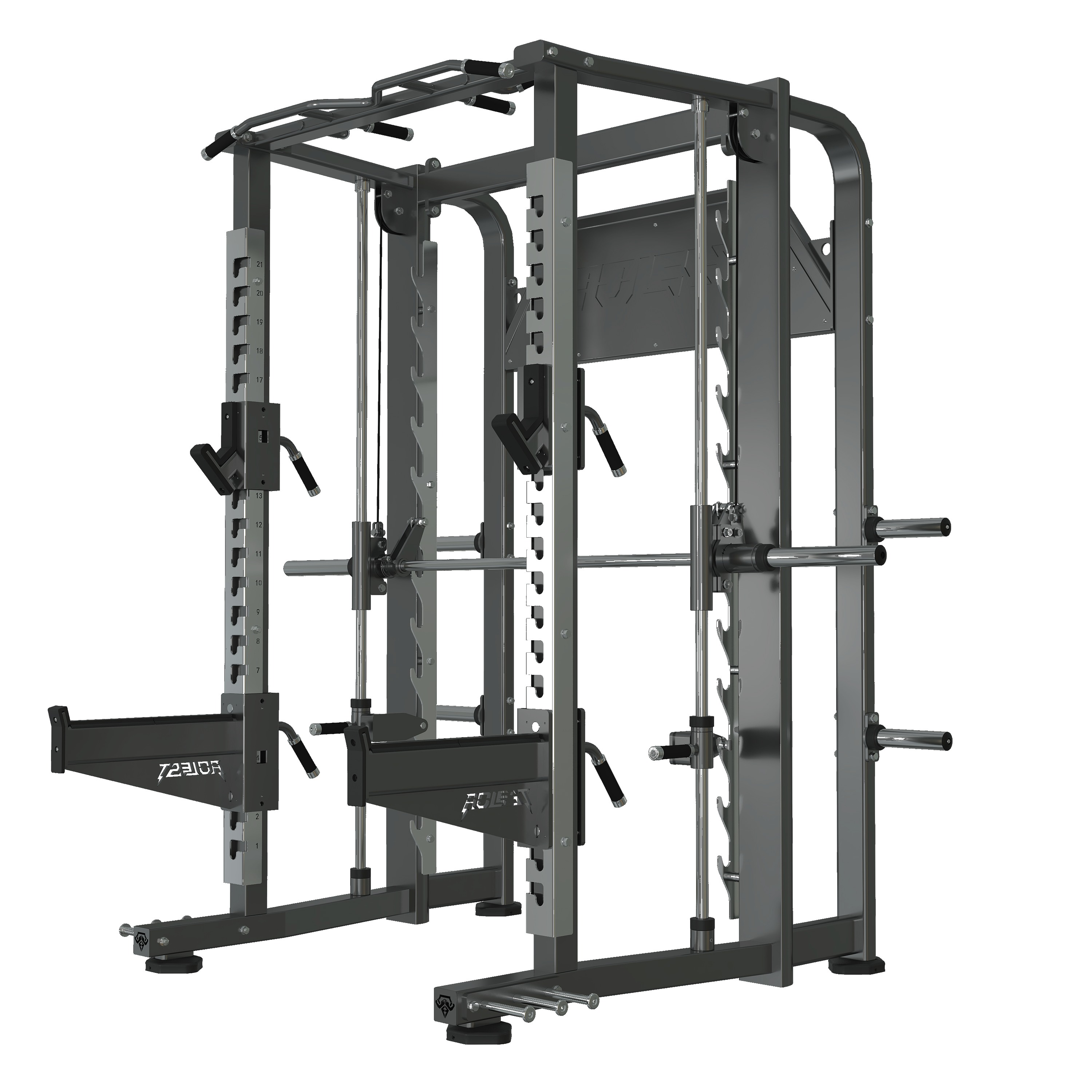 Premium power rack with side-mounted Smith machine on chrome guide rails, multi-grip pull-up bar, J-hooks, dual spotter arms, side spotter wing, and side plate horn storage