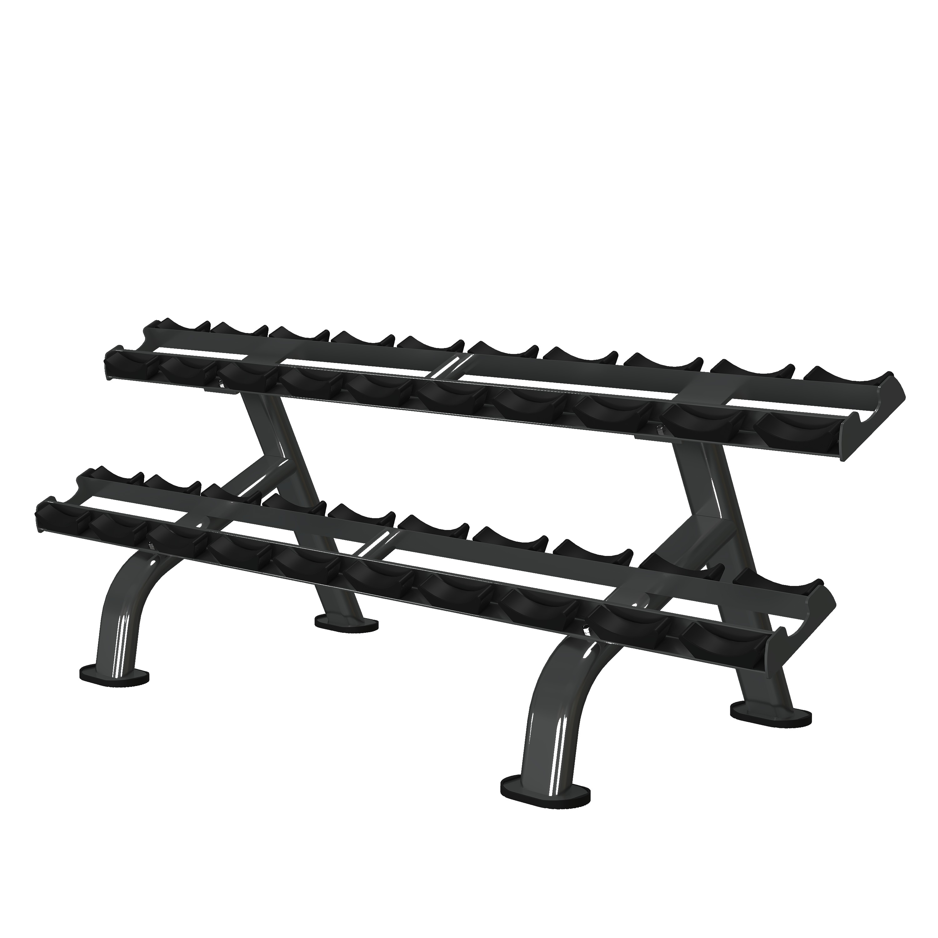 Premium two-tier dumbbell rack with curved tubular A-frame legs, ten saddle cradles per tier, and rubber-capped sculpted footplates