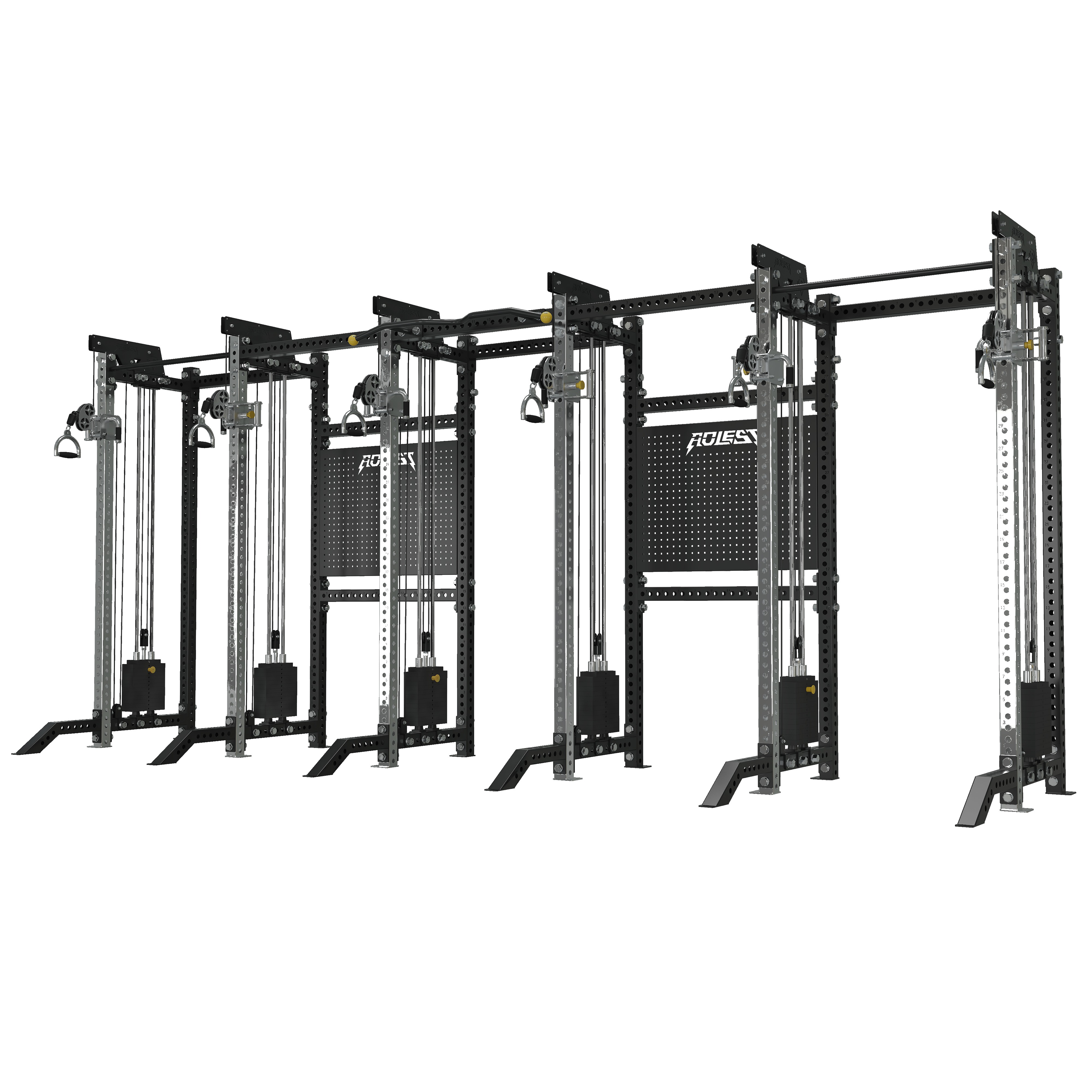 Six-bay power rack rig with adjustable cable pulleys on every station, pegboard panels, and full-length pull-up beam across the top