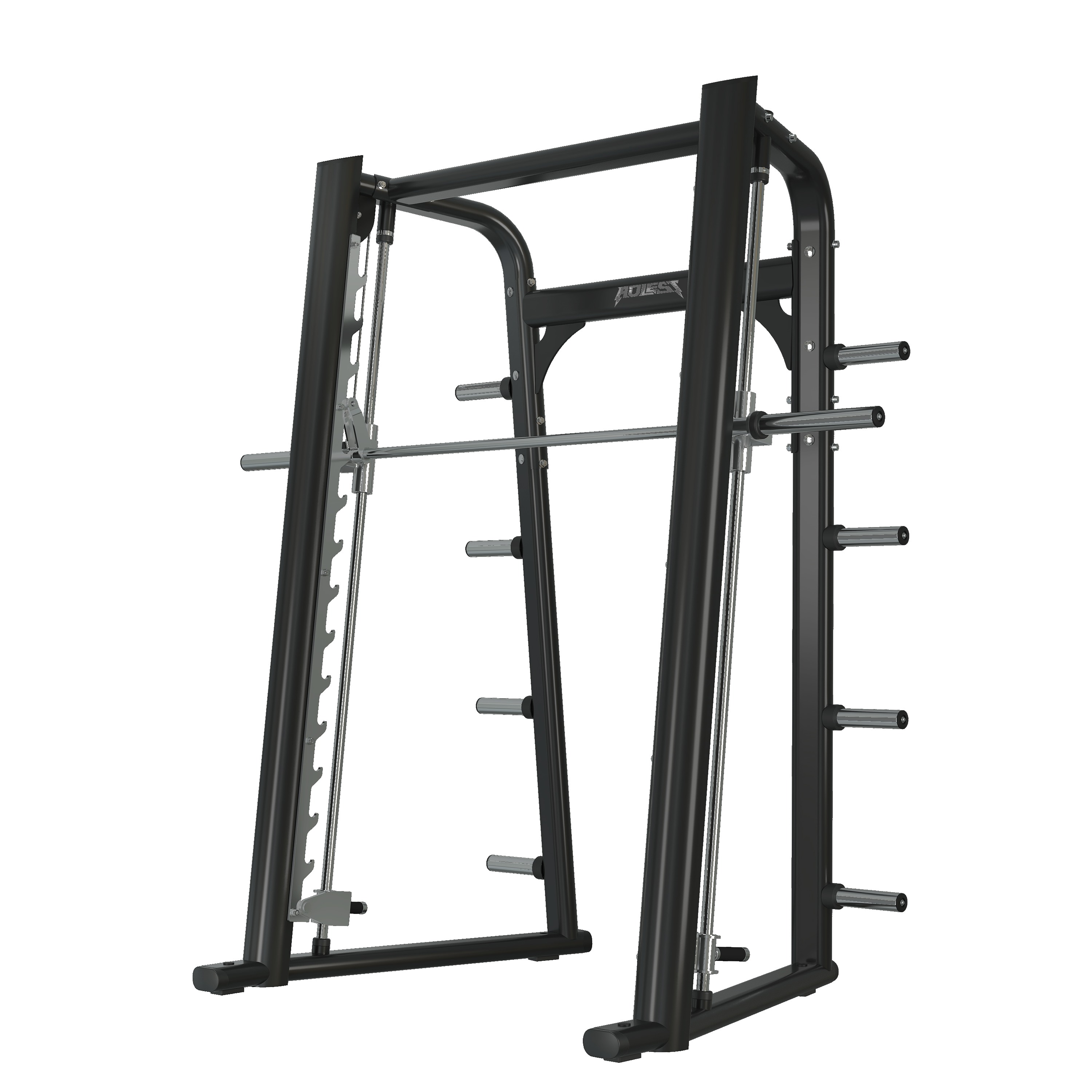 Commercial Smith machine with chrome guide rails, multi-tier safety hook ladder, and side plate horn storage