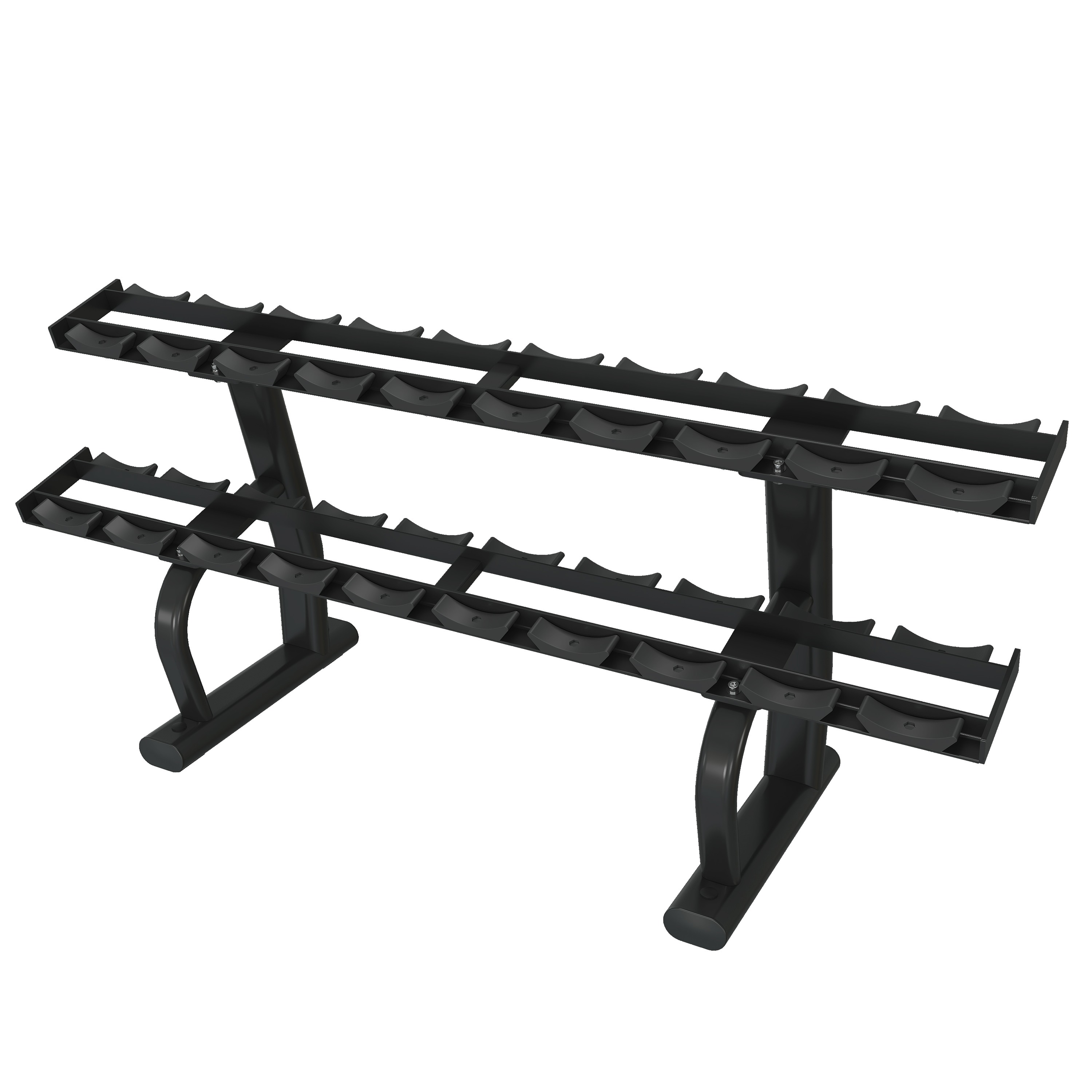 Two-tier extended dumbbell rack with saddle cradles on each tier and curved A-frame side legs