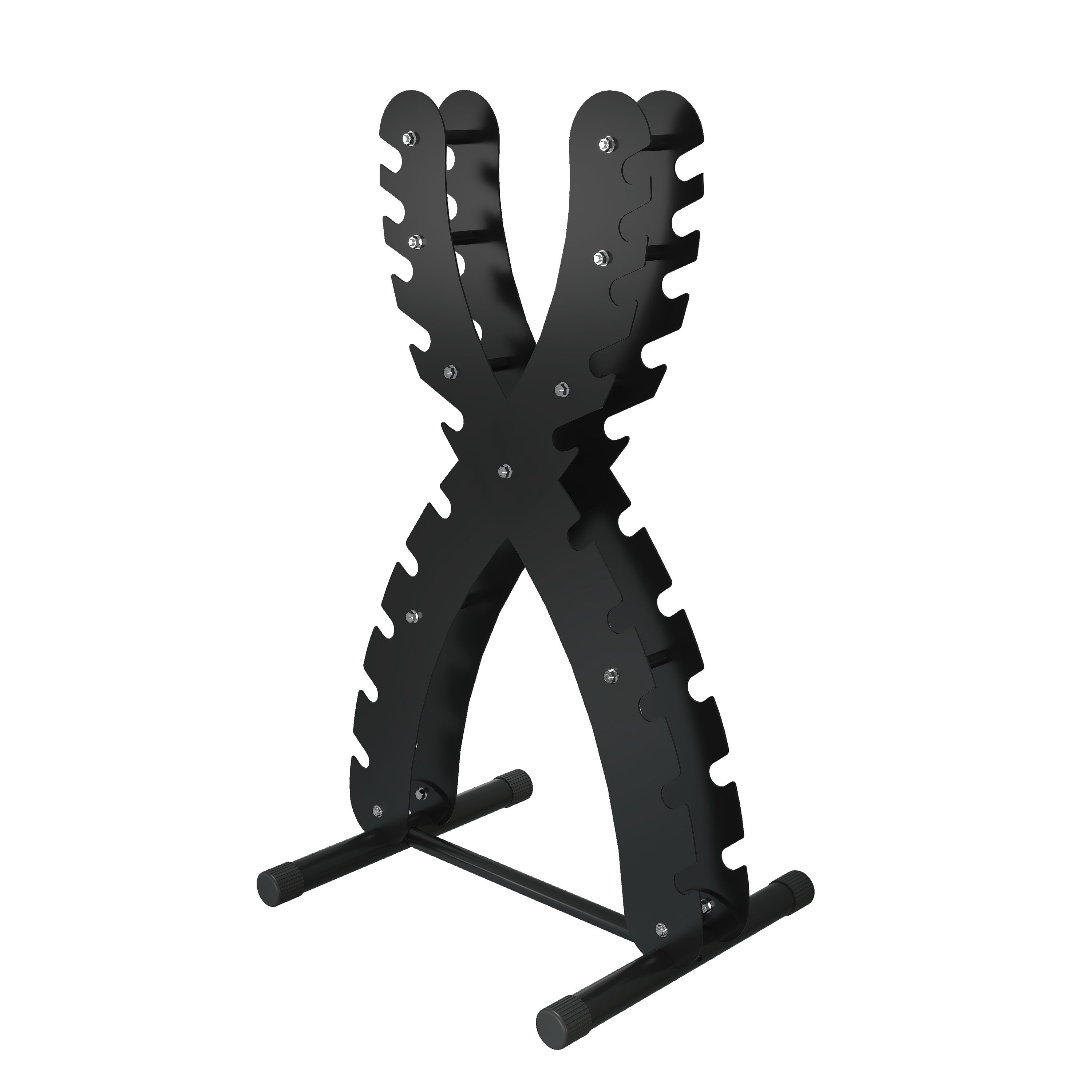 Vertical X-frame dumbbell tree with laser-cut crossed steel plates, graduated notched cradles up each side, and a compact tubular base