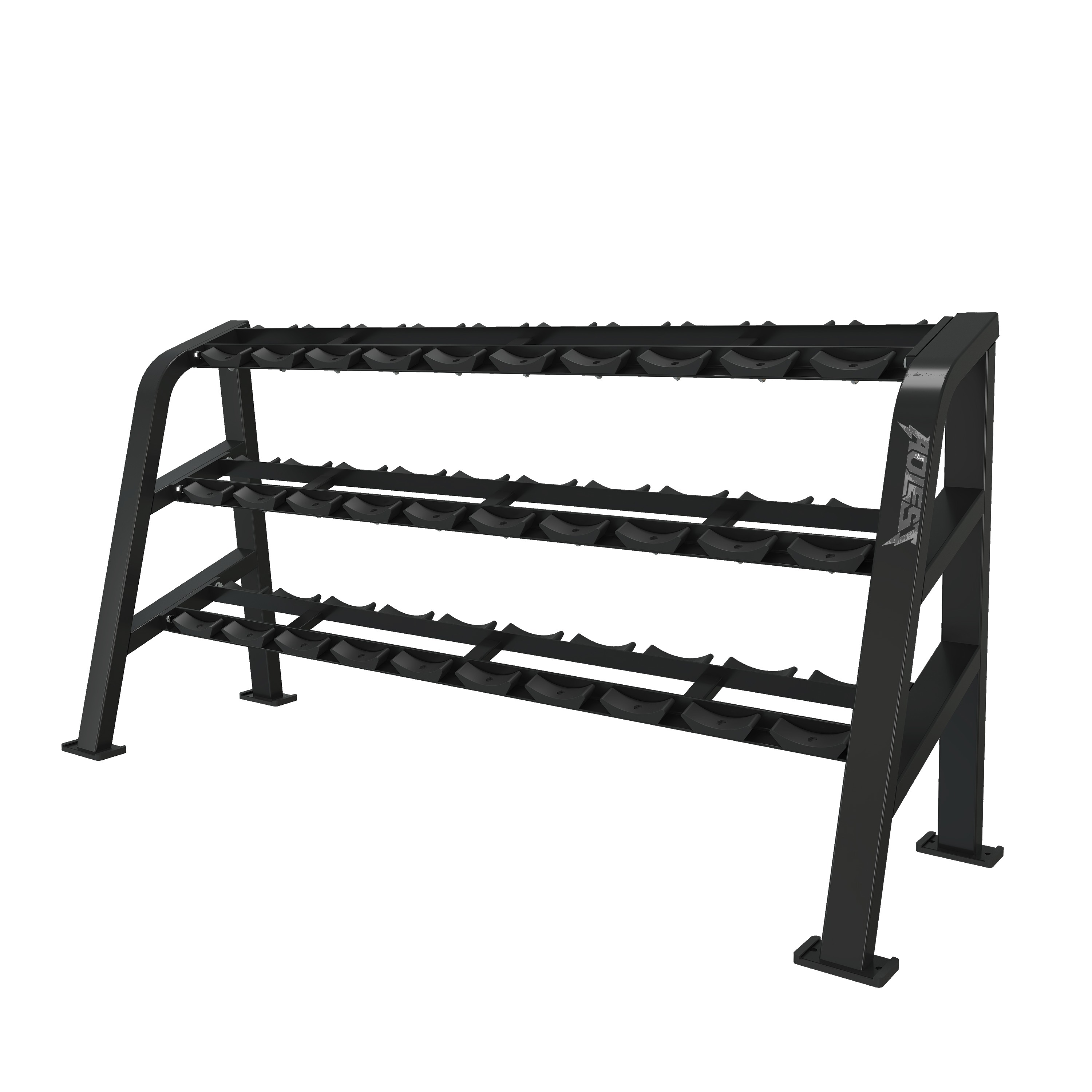 Extended three-tier dumbbell rack with high-capacity saddle cradles and reinforced mid-leg