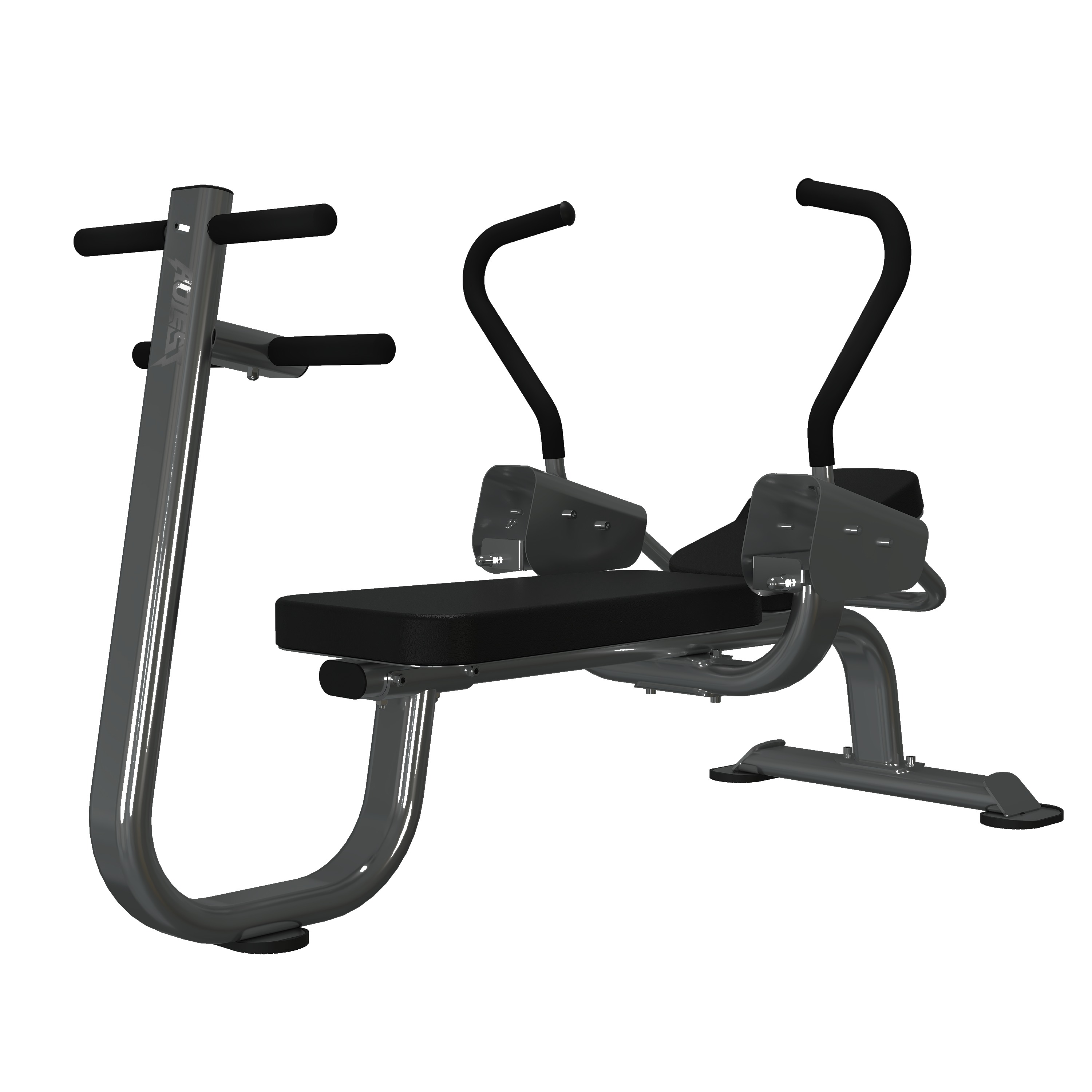 Premium ab crunch bench with sculpted chrome frame, dual curved overhead grab handles, flat pad, and a side vertical knee-raise post with forearm pads