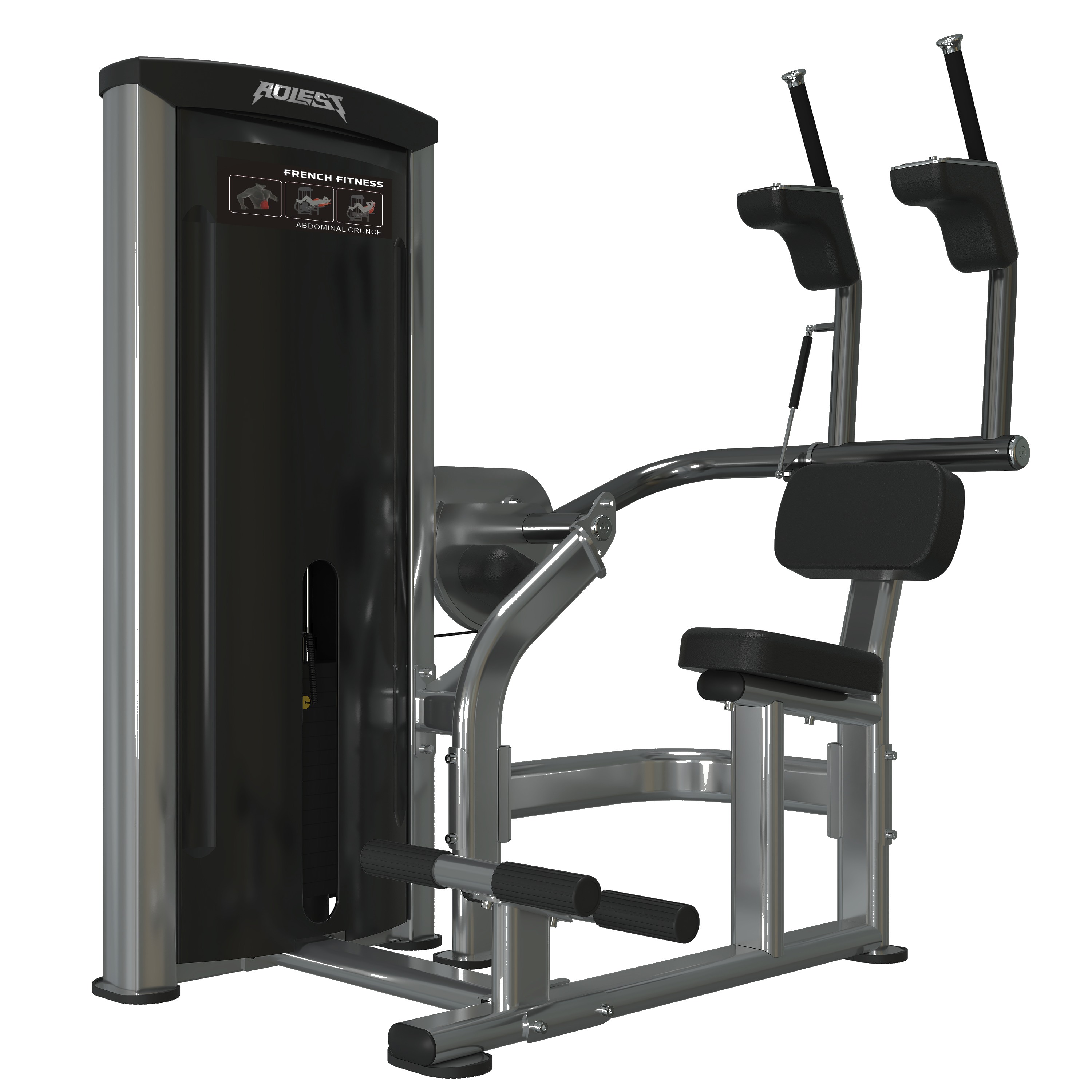 Abdominal crunch machine with seat, dual overhead handles with shoulder pads, foot rollers, and selectorized weight stack