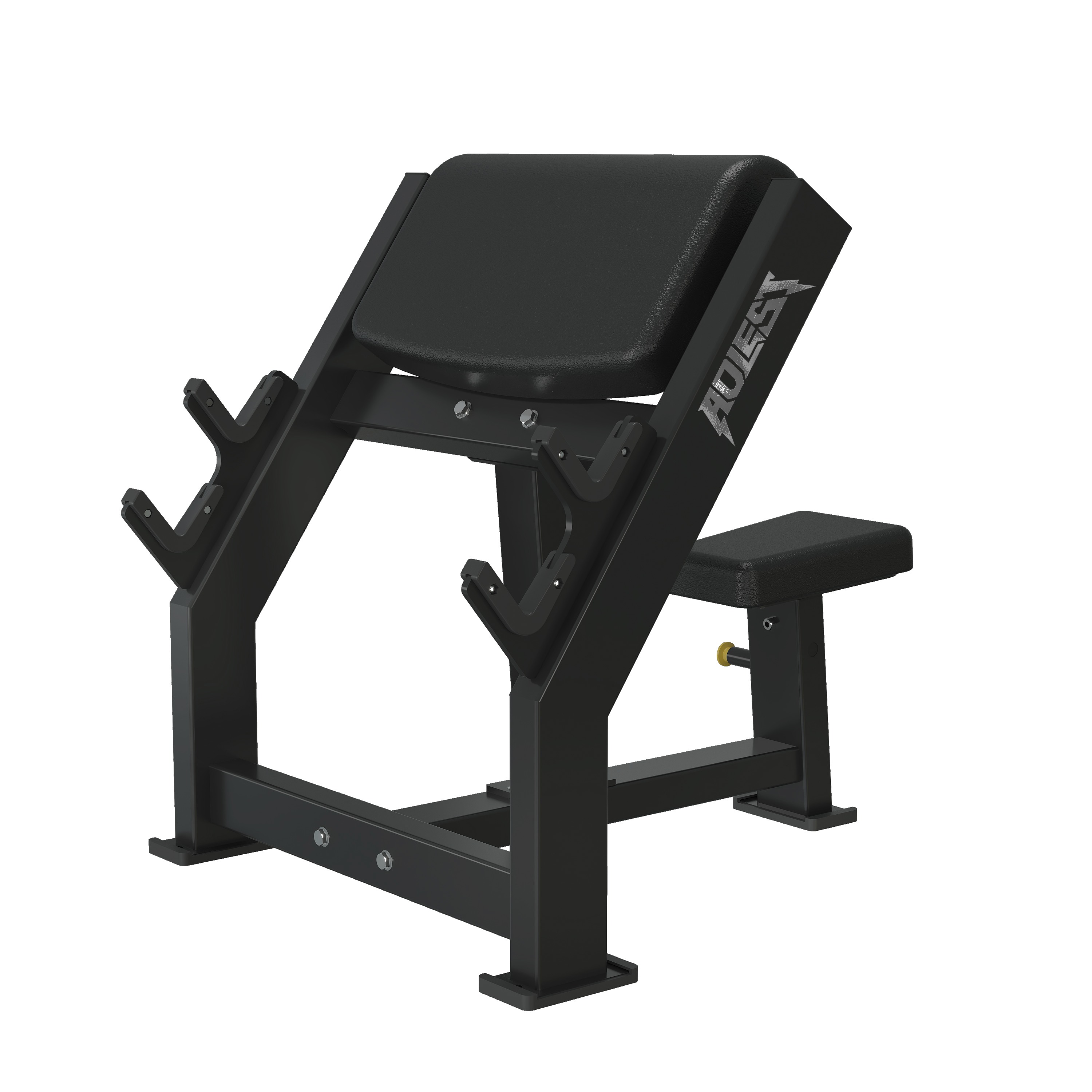 Barbell preacher curl bench with wide angled arm pad, integrated J-hook bar holders, and flat seat