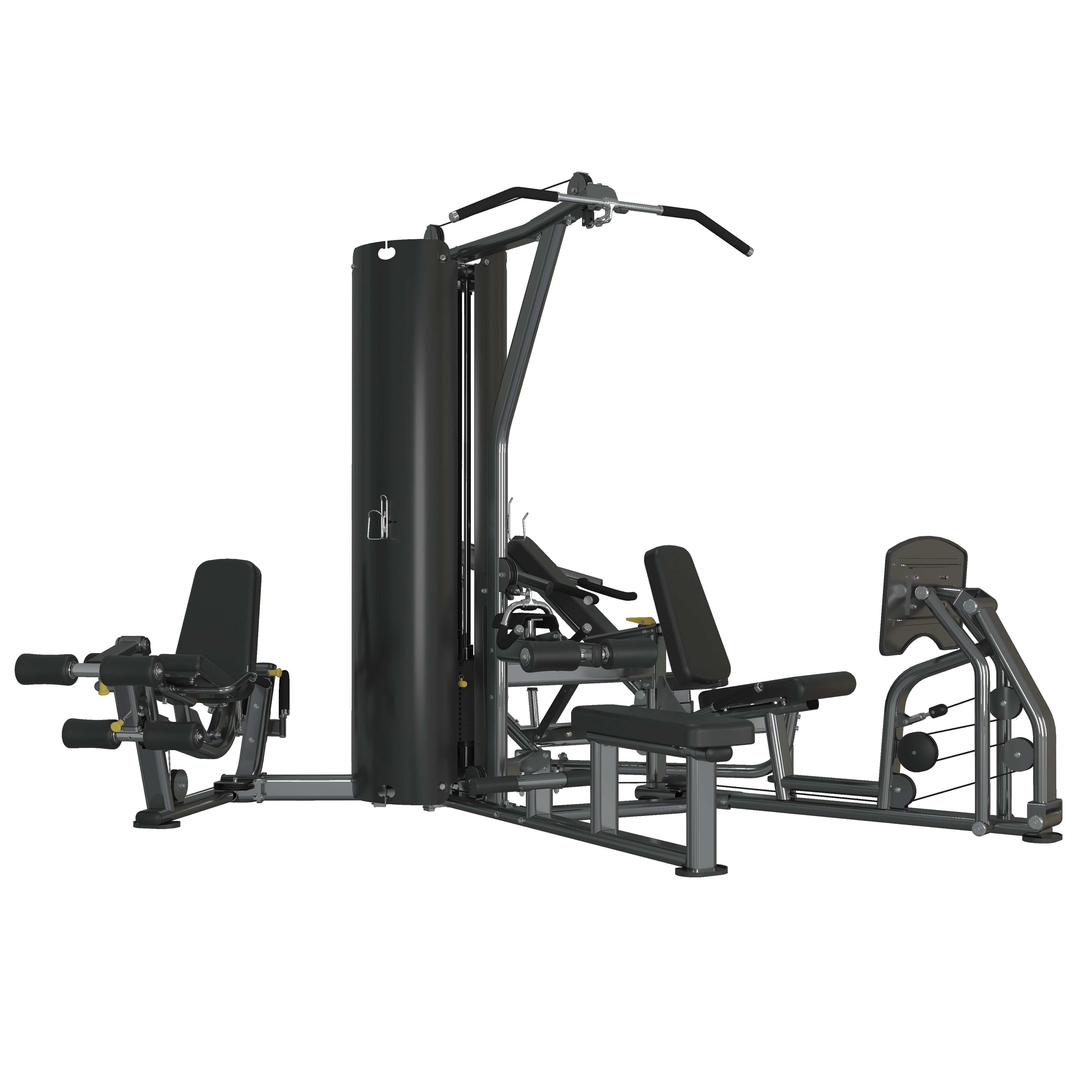 Compact three-stack multi-station with lat pulldown, lying leg curl, seated leg extension, and seated leg press around a central three-column weight stack tower