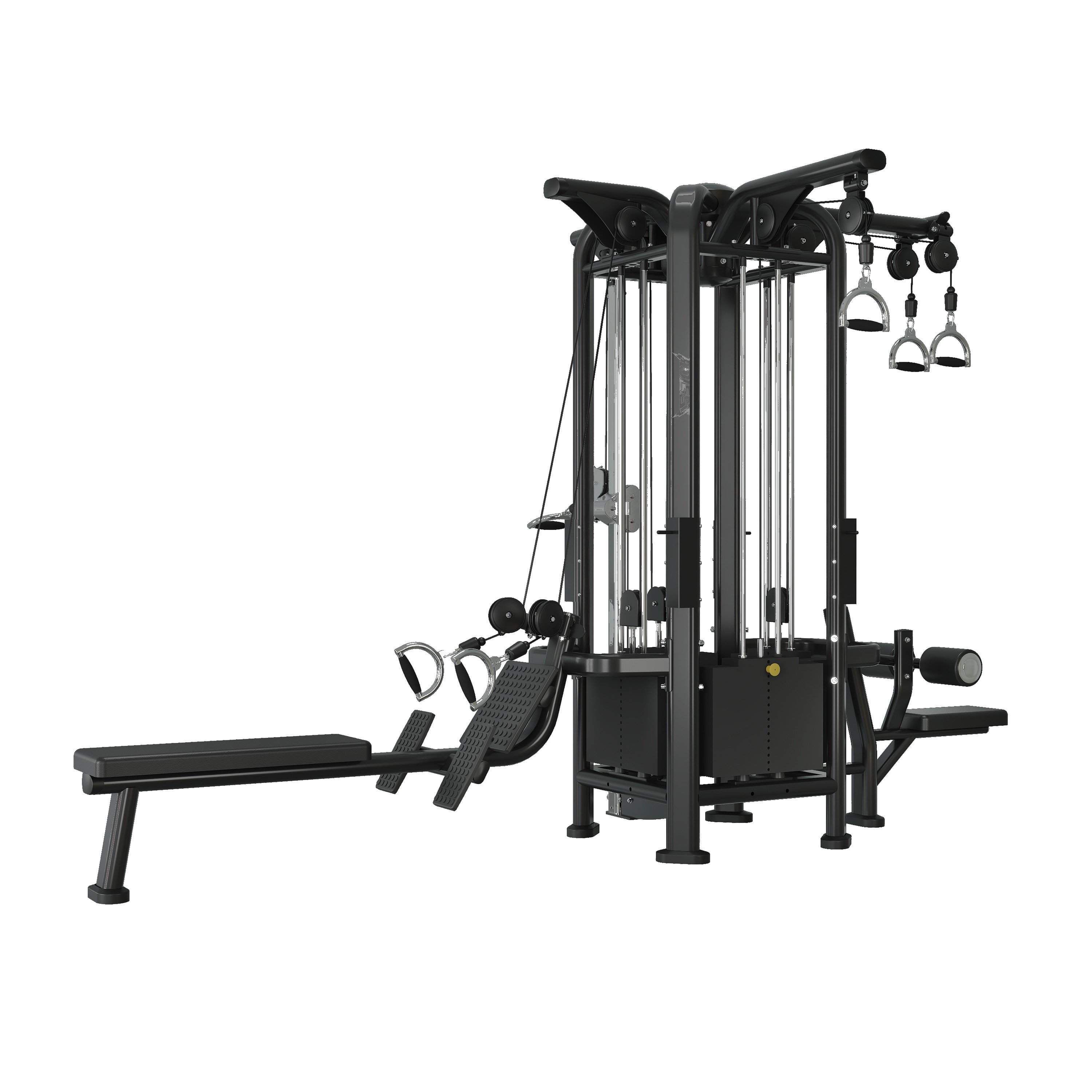 Four-station jungle gym with central cable tower, seated row bench, leg curl pad, and overhead crossover handles