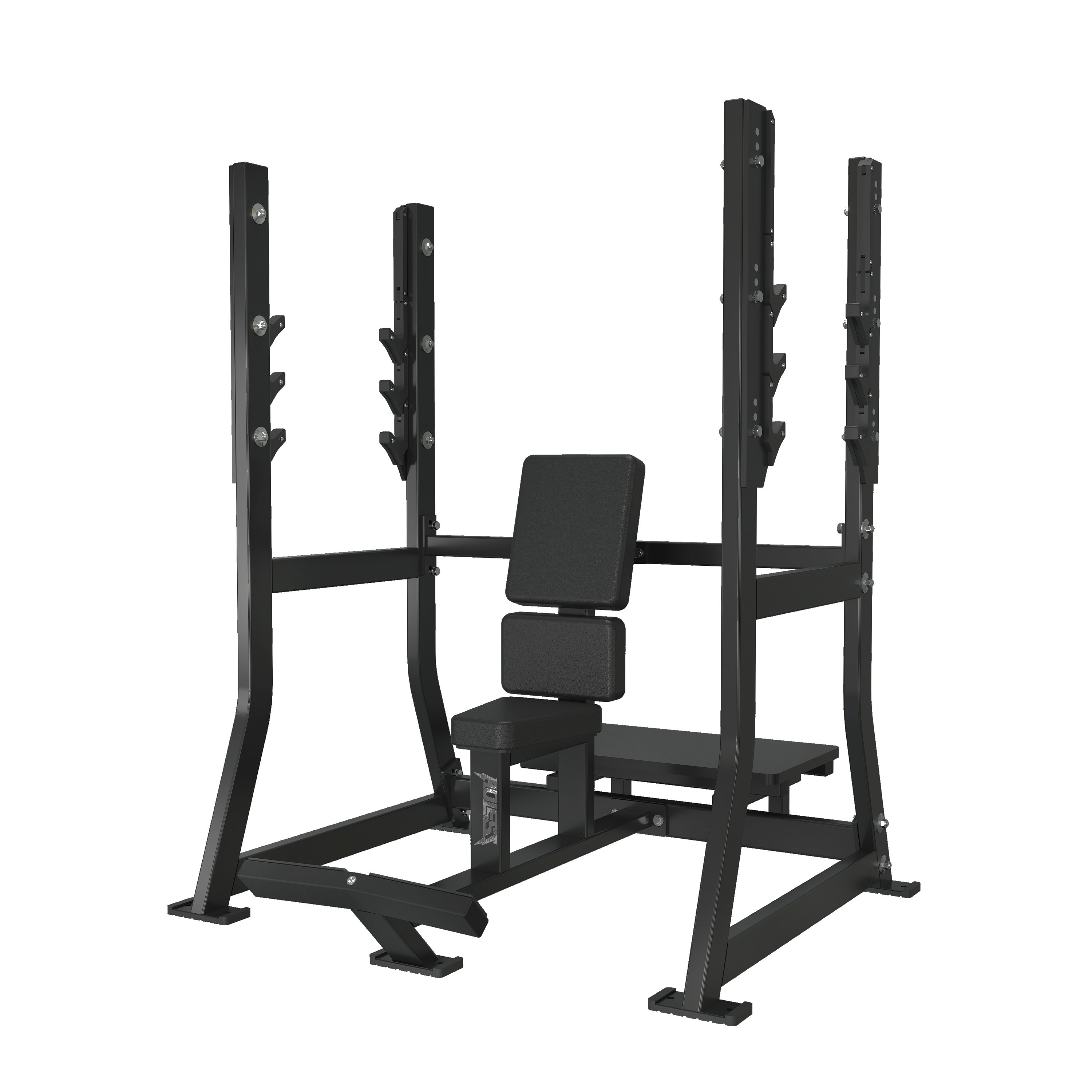 Free-weight seated shoulder press station with tall split back-support pad and two pairs of uprights carrying three-position J-hook cradles for a barbell