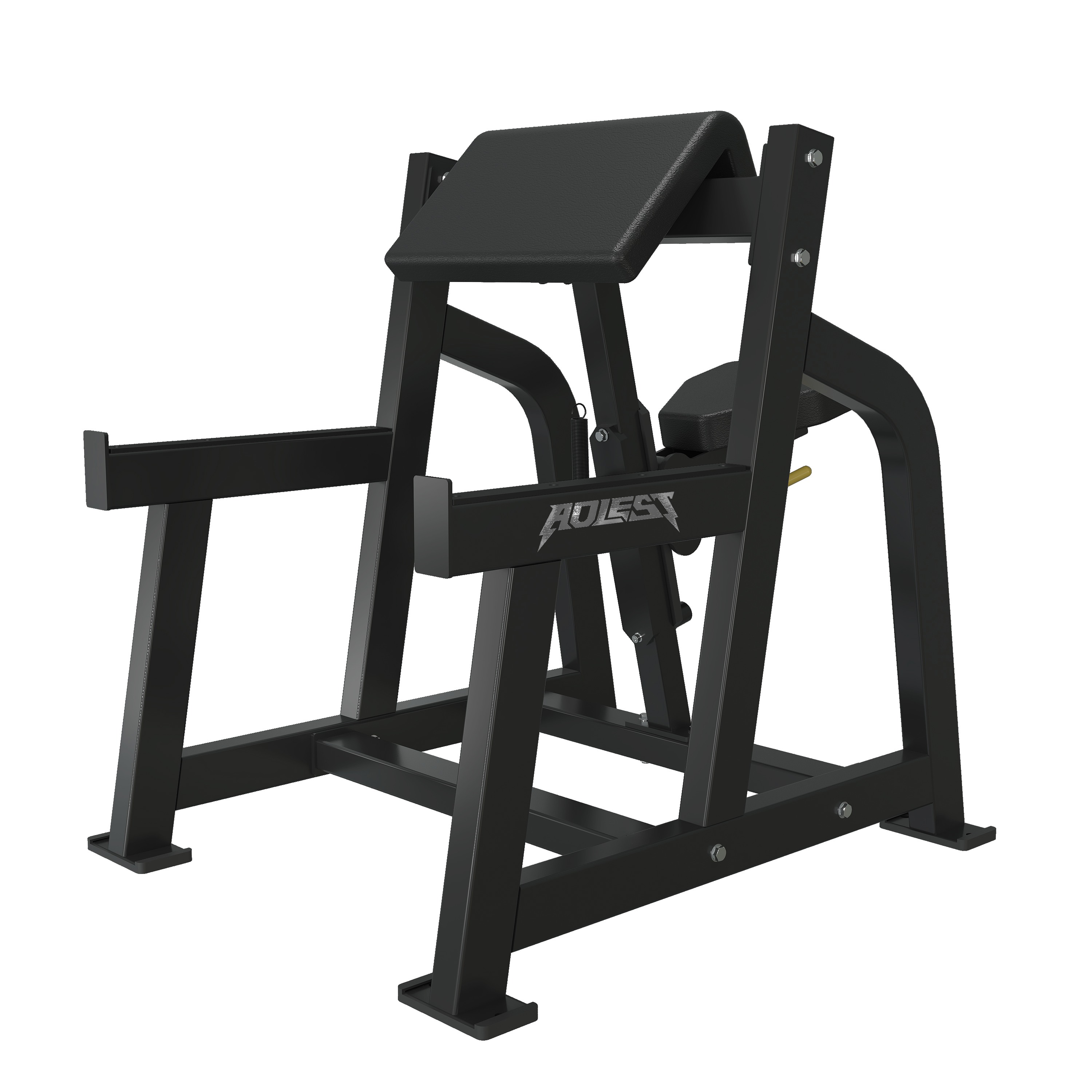 Free-weight preacher curl bench with angled arm pad, seat pad, and heavy box-frame base