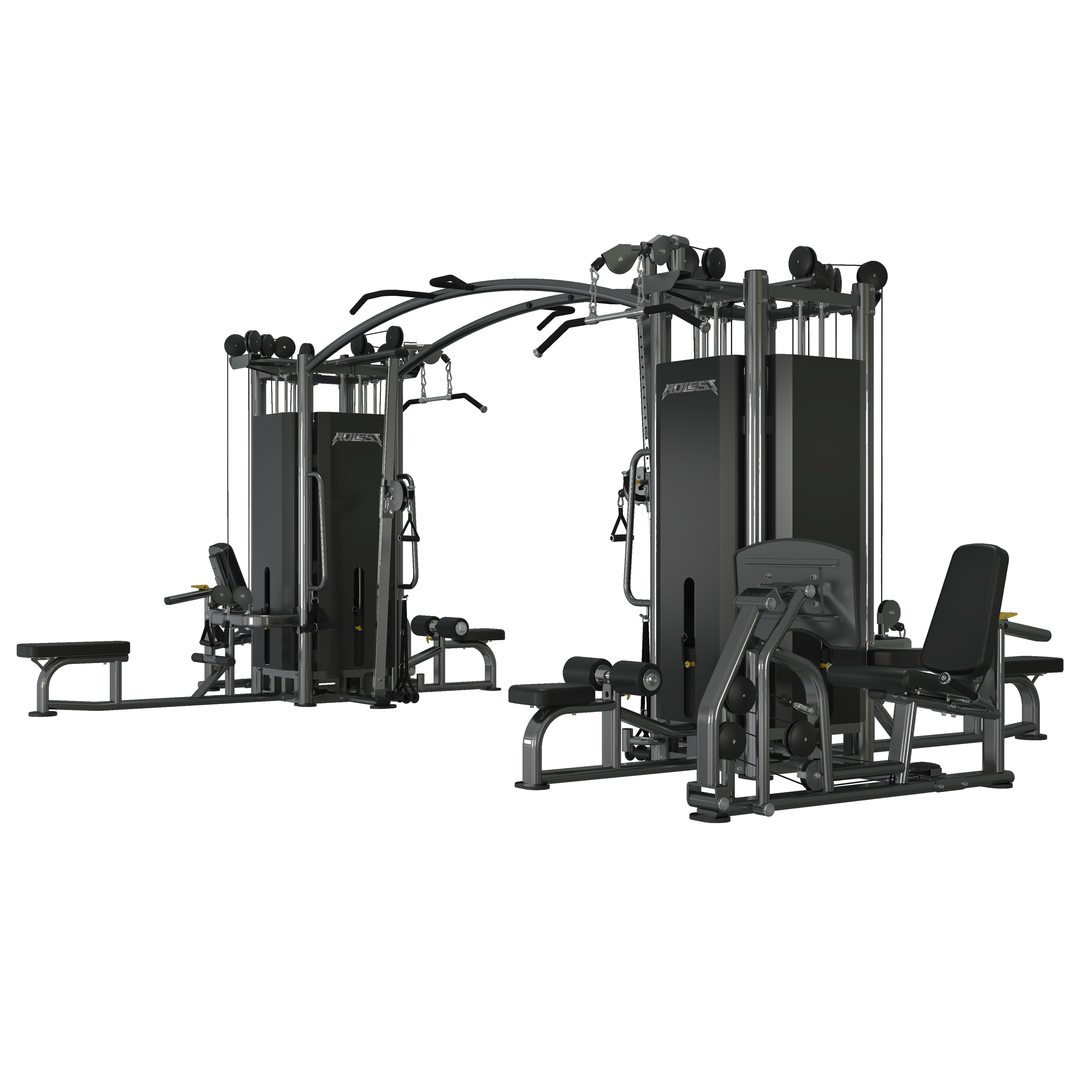 Premium eight-stack twin-tower multi-station with two pull-up bar setups across the connecting arch, dual lat pulldowns, dual seated rows, dual leg presses, and dual cable stations