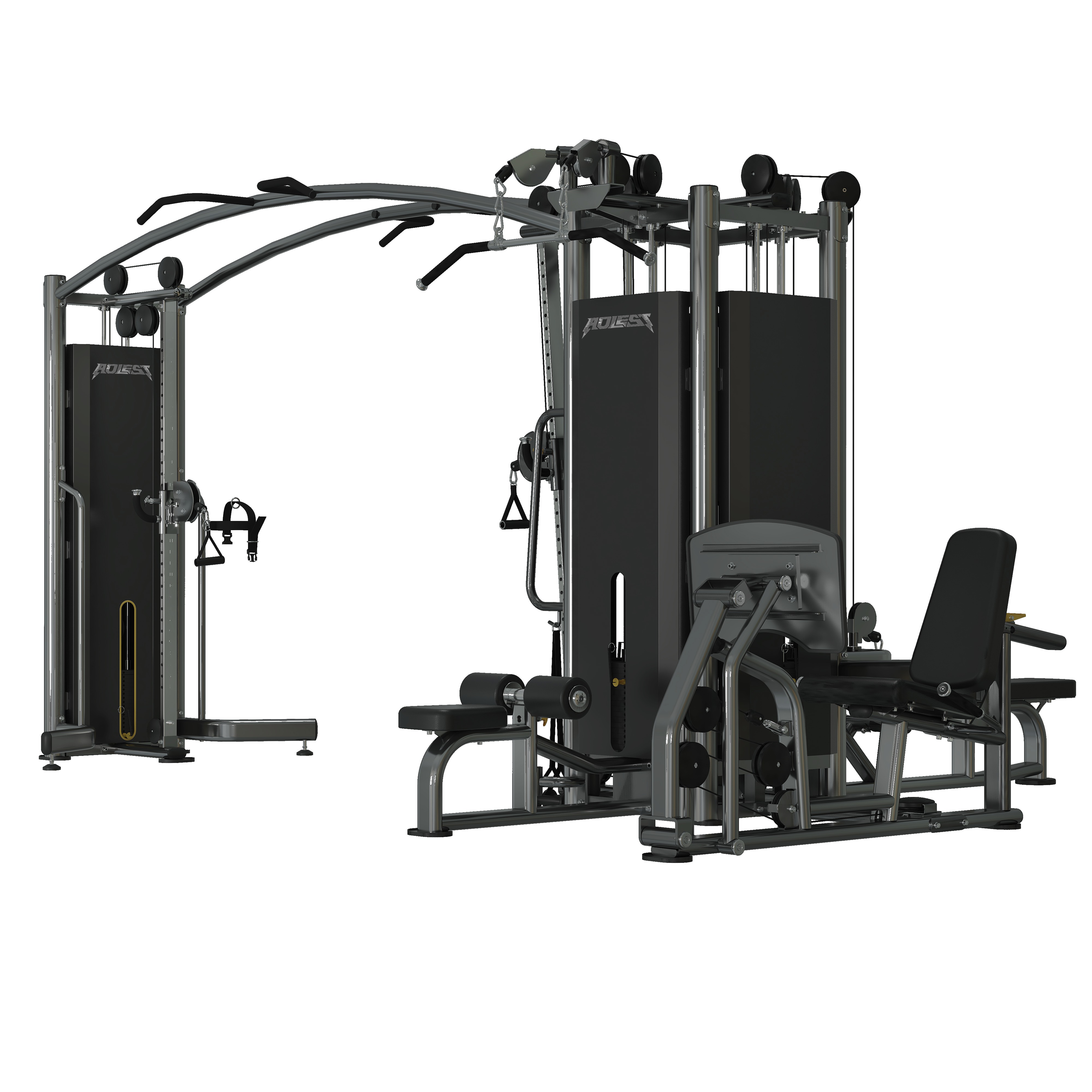 Premium five-stack multi-station with arched cable crossover, multi-grip pull-up bar, lat pulldown, mid pulleys, seated leg curl, and seated leg press