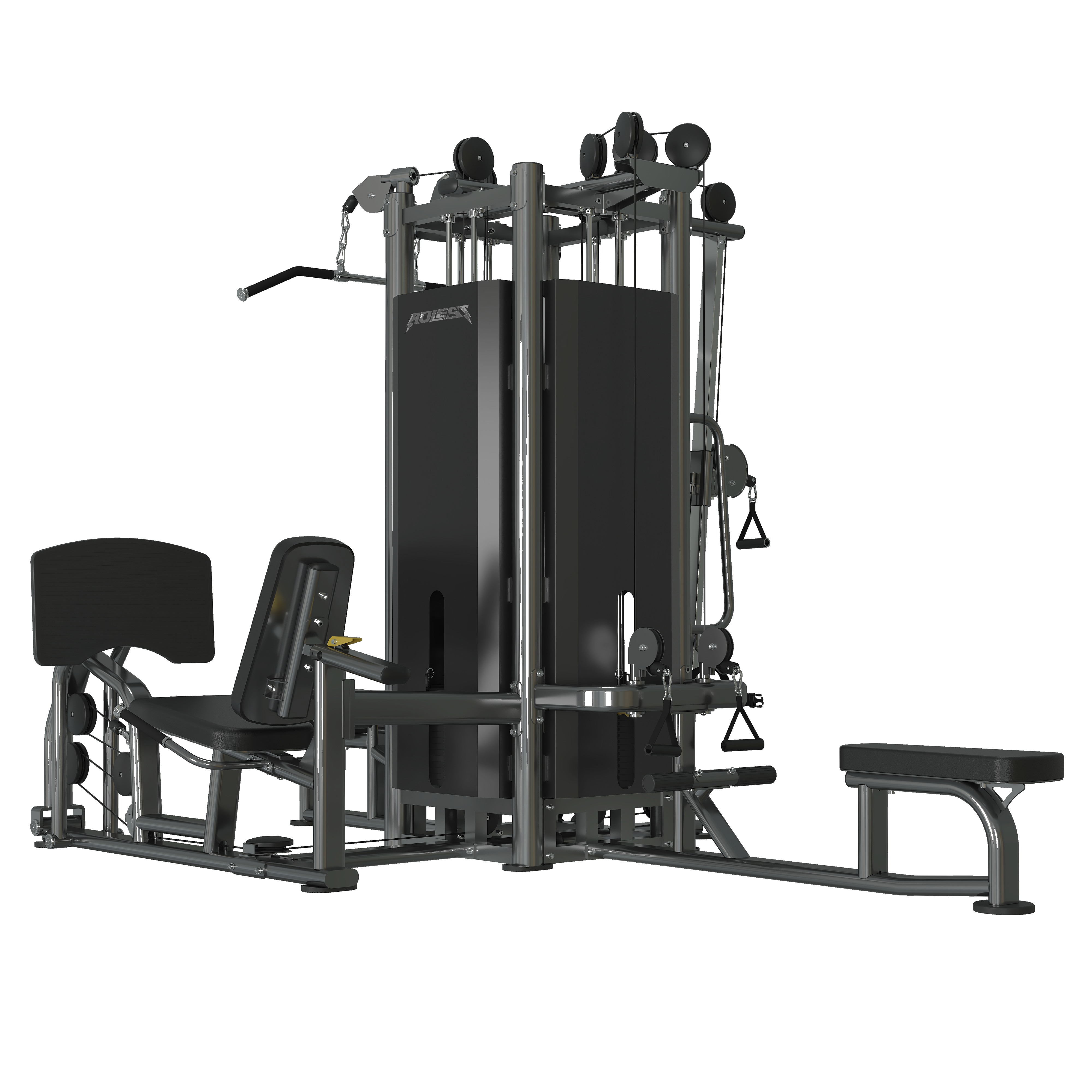 Premium four-stack multi-station with integrated leg press, lat pulldown, high/mid/low pulleys with handle attachments, and seated row bench