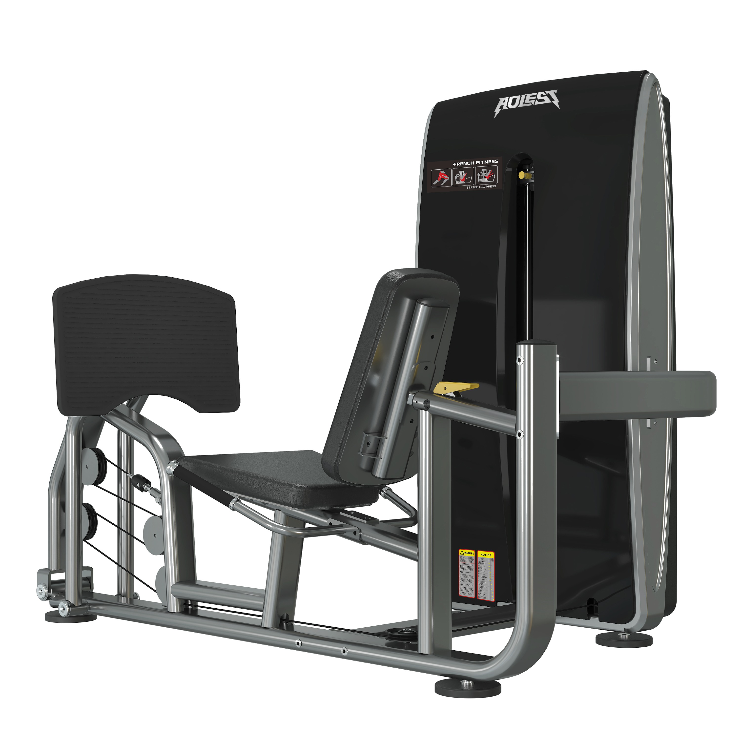 Premium selectorized horizontal leg press with adjustable backrest, contoured seat, and angled foot platform