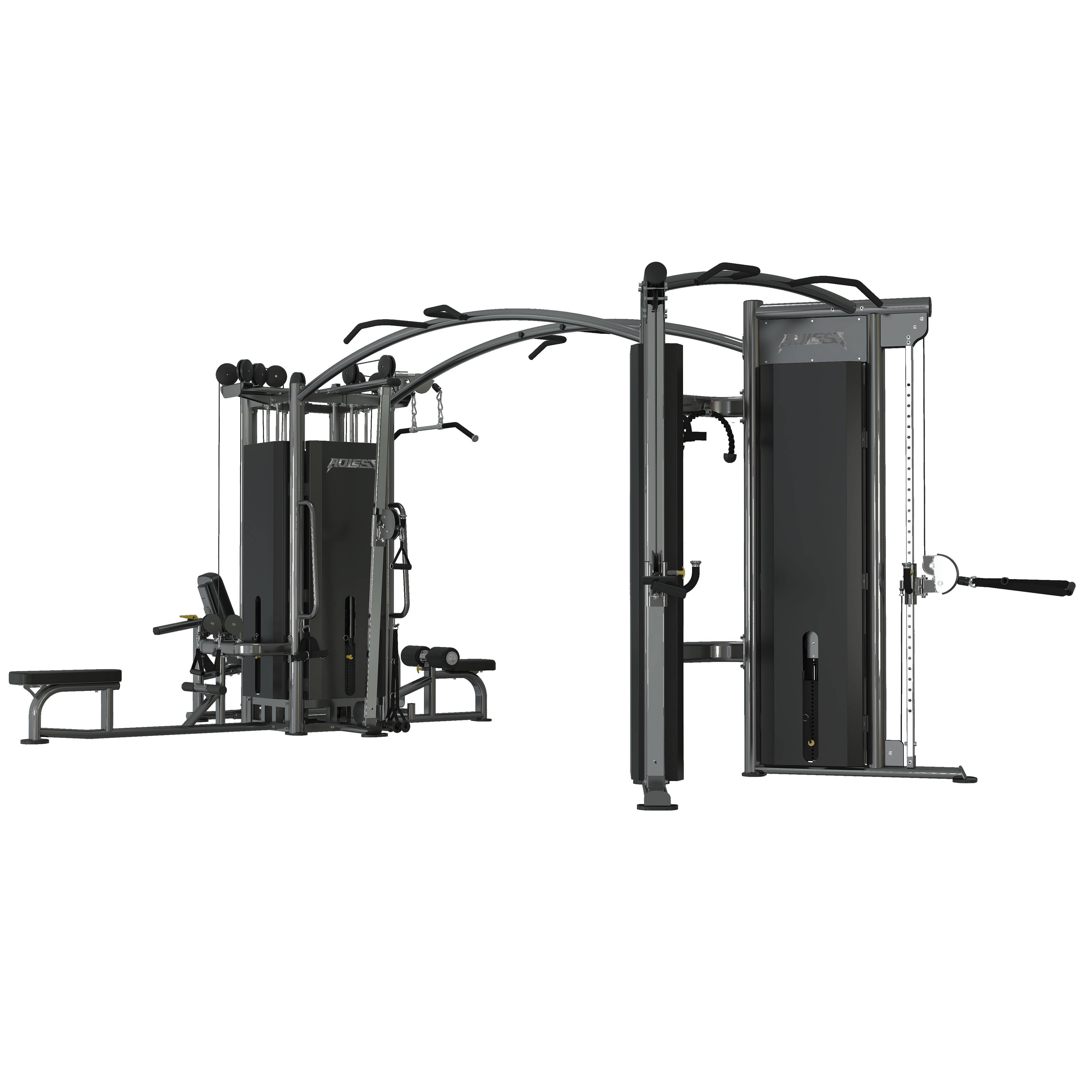 Premium six-stack multi-station with three-grip pull-up bar across the connecting arch, four-stack tower with lat pulldown and seated row, satellite dual adjustable pulley column, and multiple cable stations