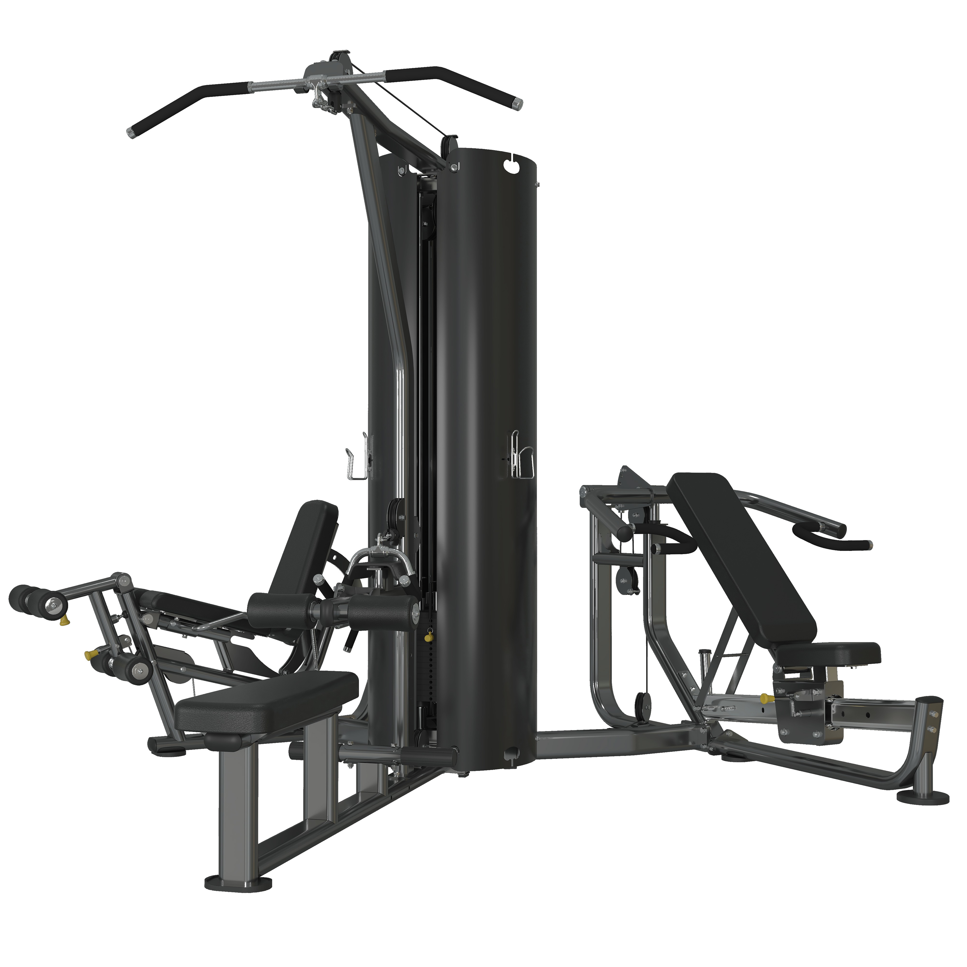 Premium three-stack multi-station with lat pulldown, leg extension / leg curl, and chest / shoulder press stations around a central three-column weight stack tower