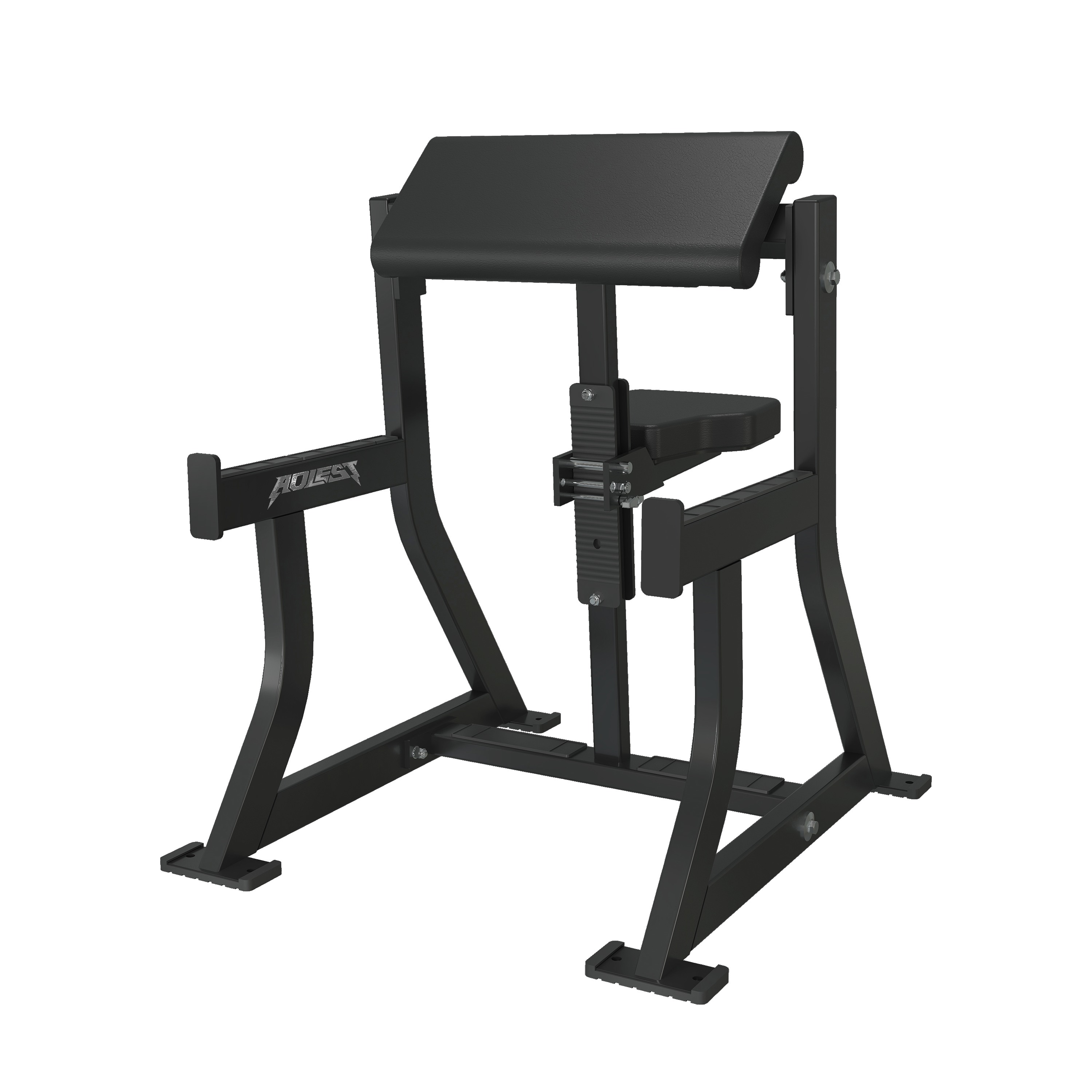 Seated preacher curl bench with sloped arm pad, adjustable-height seat, wide A-frame base, and front foot platform