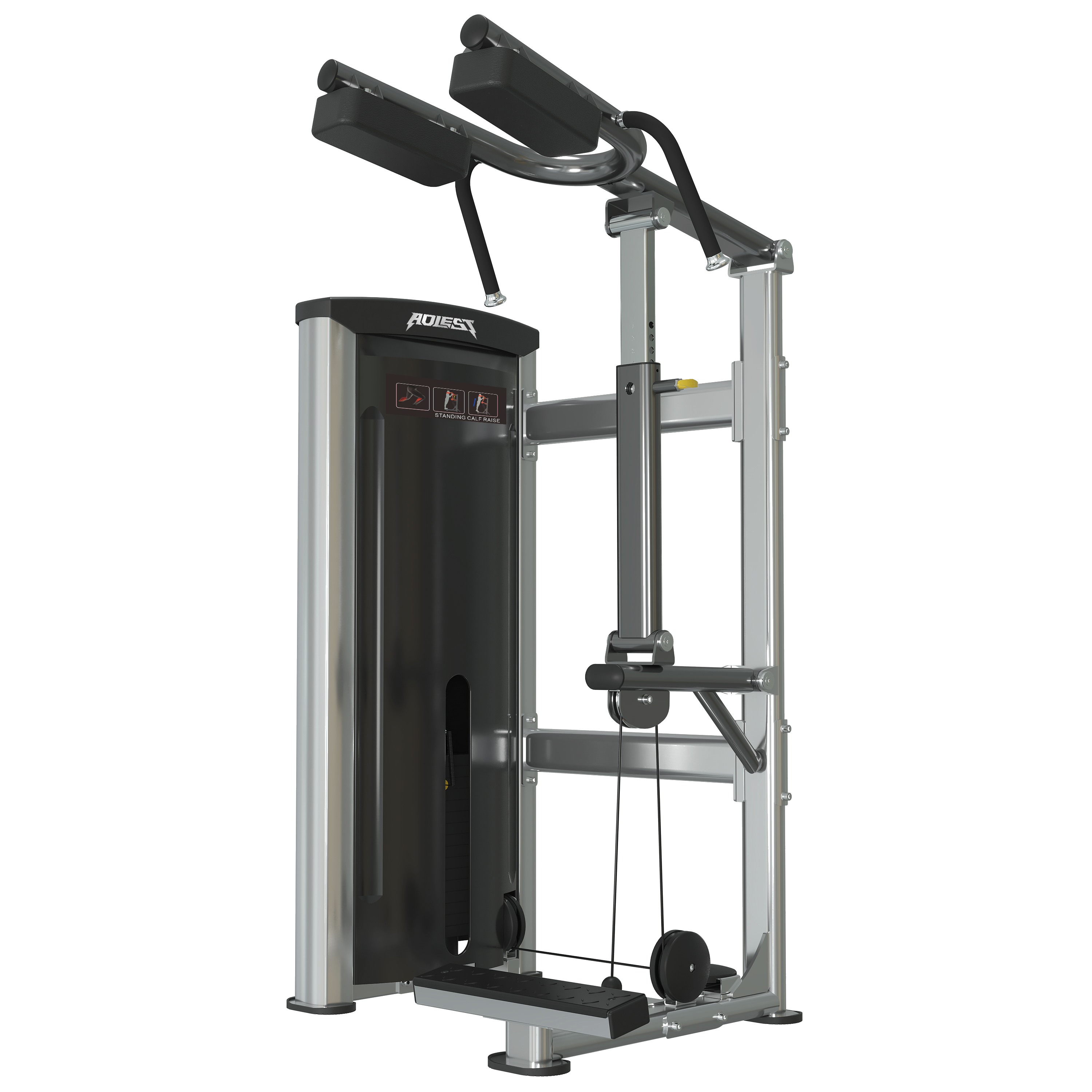Standing calf raise machine with twin shoulder pads, foot platform, and selectorized weight stack