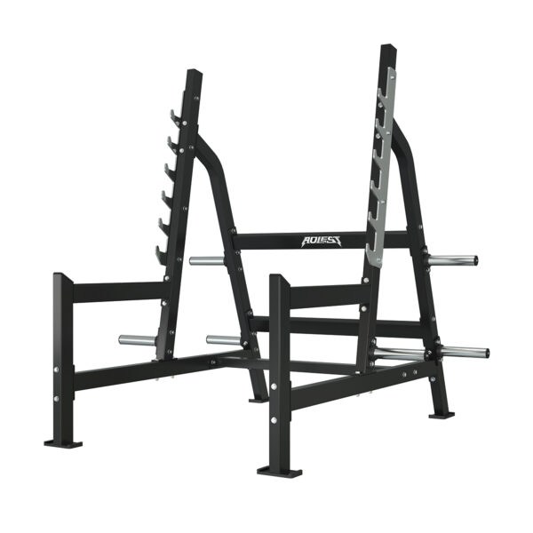 Free-weight squat rack with J-hooks and plate horn storage, model ALA-1654