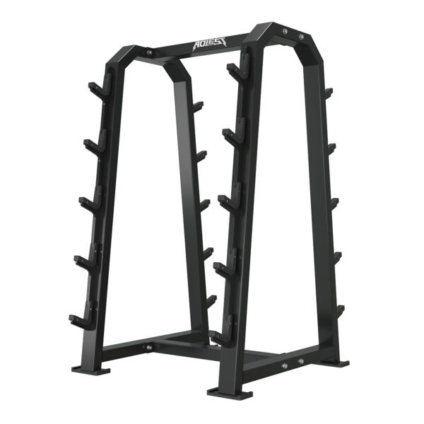 All-black vertical barbell storage rack with five-tier J-hook slots, model ALA-1656A