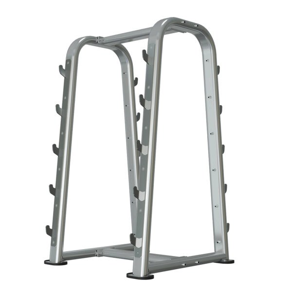 Silver vertical barbell storage rack with multi-tier J-hooks, model ALBRR-018