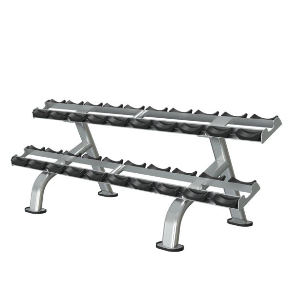 Silver two-tier saddle dumbbell rack, model ALBRR-019