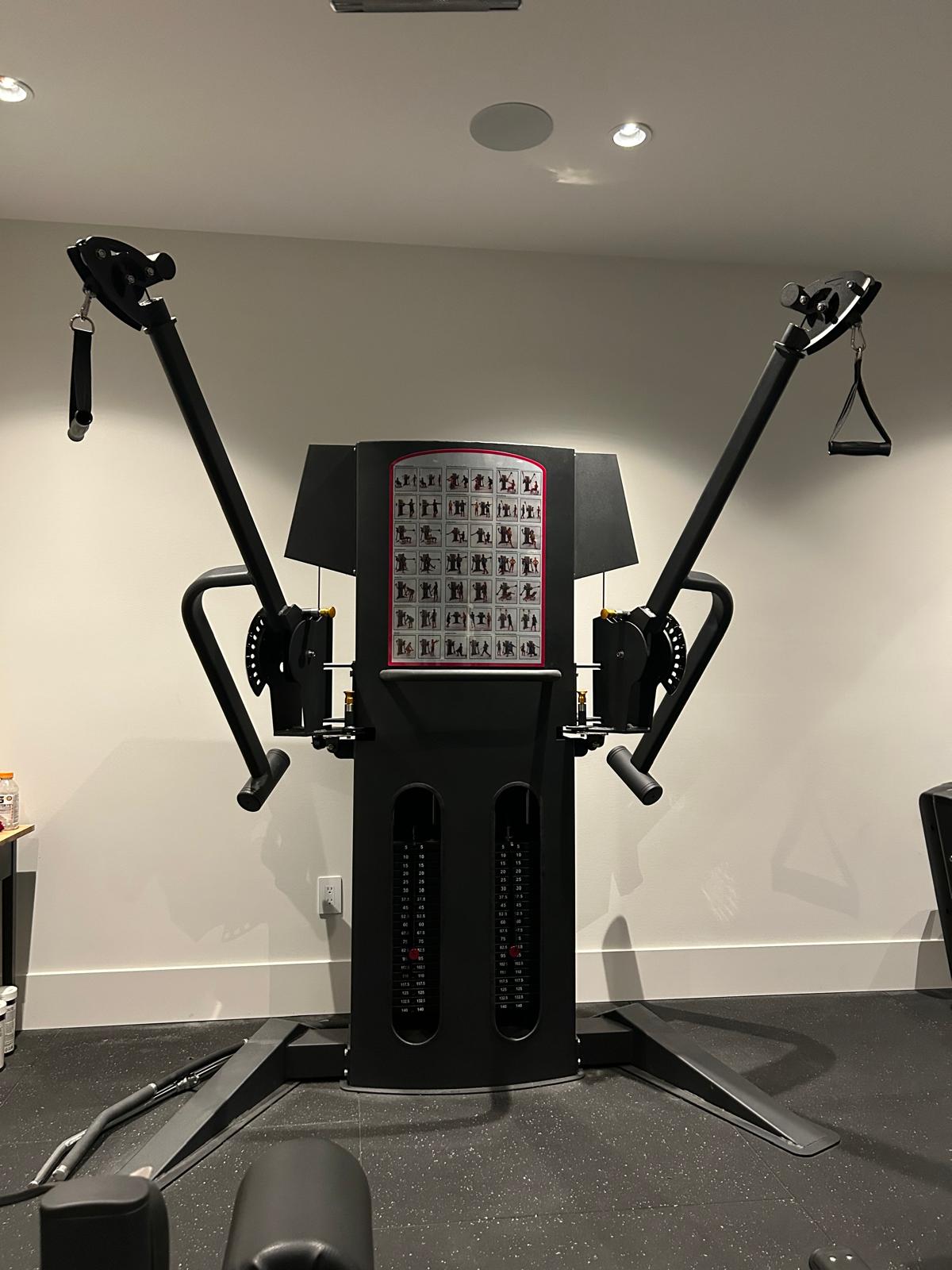 Multi-position dual adjustable pulley trainer with swiveling arms, dual weight stacks, and exercise chart in the Abbotsford home gym build.