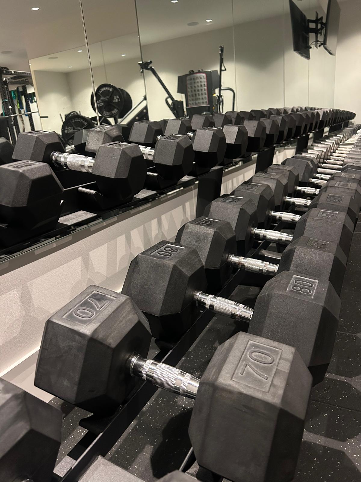 Full rubber hex dumbbell rack with 70 and 80 lb pairs in the foreground, mirror wall reflecting the gym behind, in the Abbotsford home gym build.