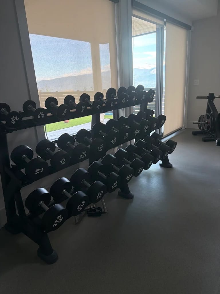 Full dumbbell rack with mountain view through the window &mdash; Abbotsford indoor home gym