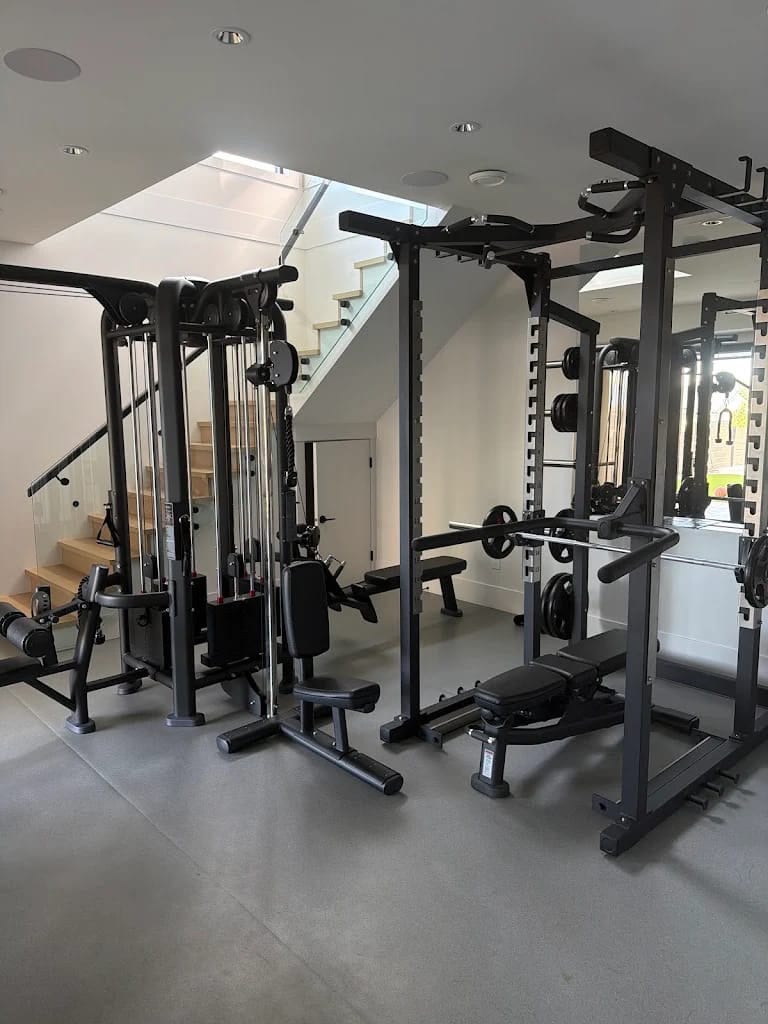 Multi-station cable, squat rack, and adjustable bench overview &mdash; Abbotsford indoor home gym