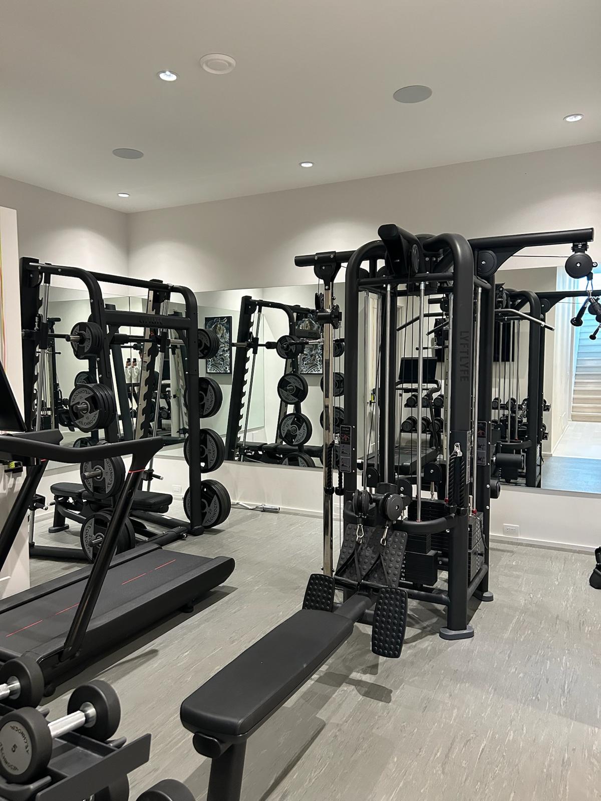 Custom home gym build in Kelowna, BC — Smith machine, cable functional trainer, and full mirror wall